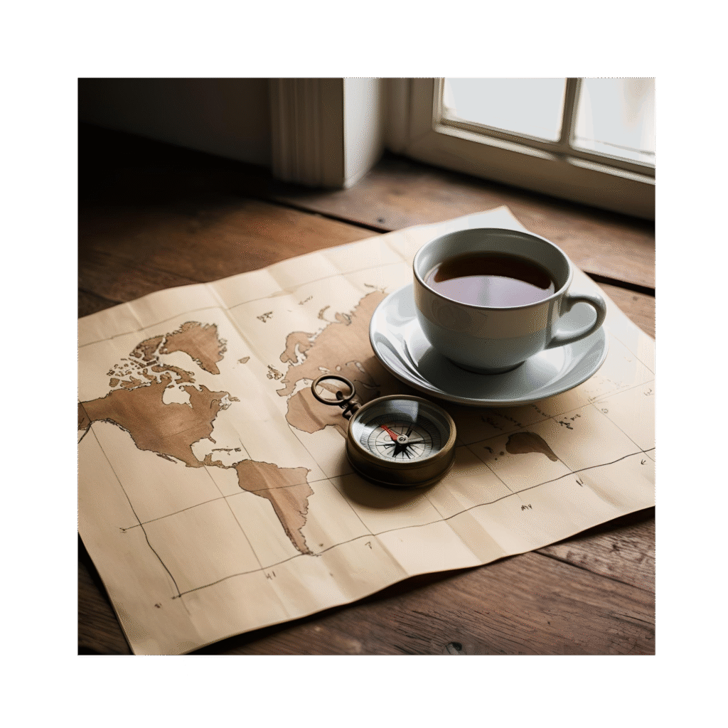 A rustic woodern table top with a compass, scribbles of a map and a coffee