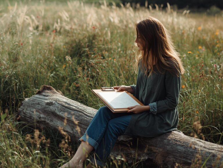 An artistic woman sitting on a log in a field with a drawing pad in her lap,