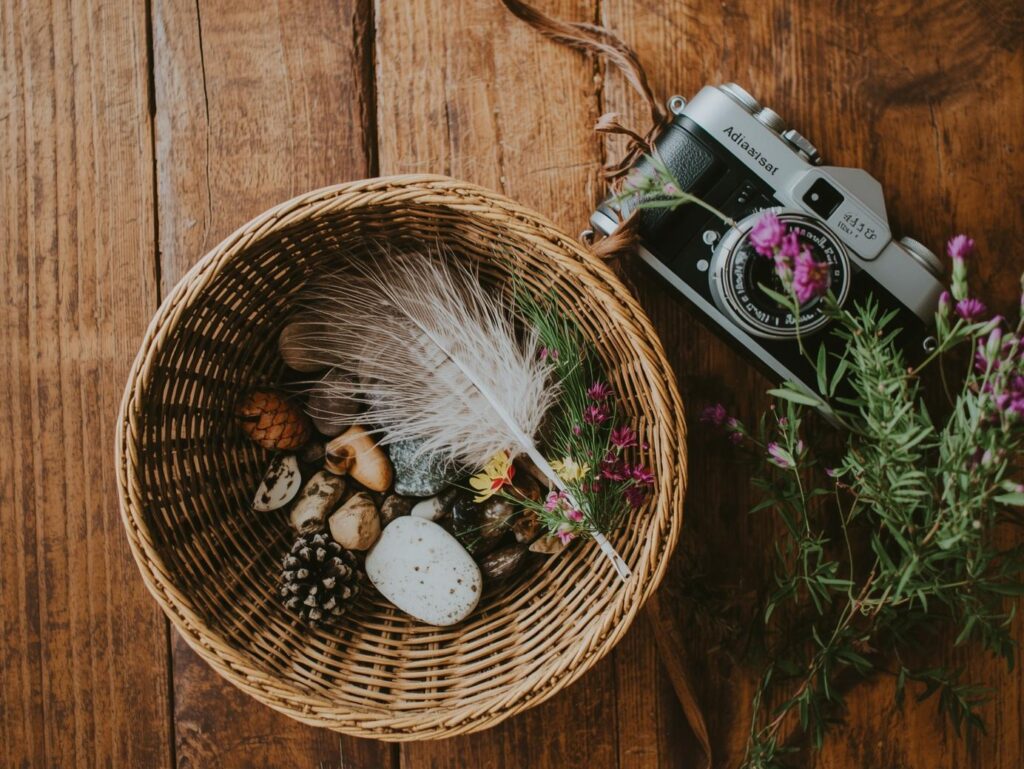 A wicker bowl on wooden table with a camera and flowers next to it. The bowl has a collection of stones, feather and a pine cone in.