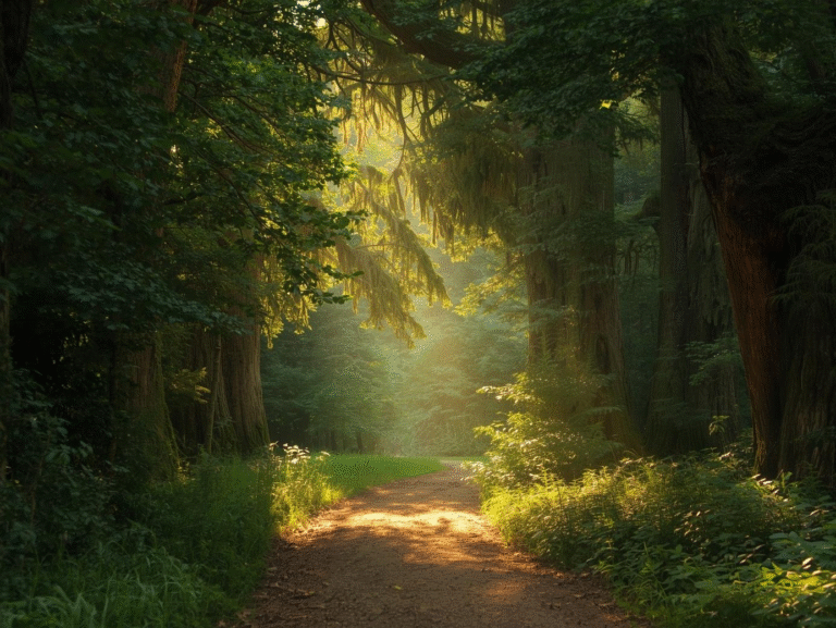 A peaceful sunlight path through a lane full of trees